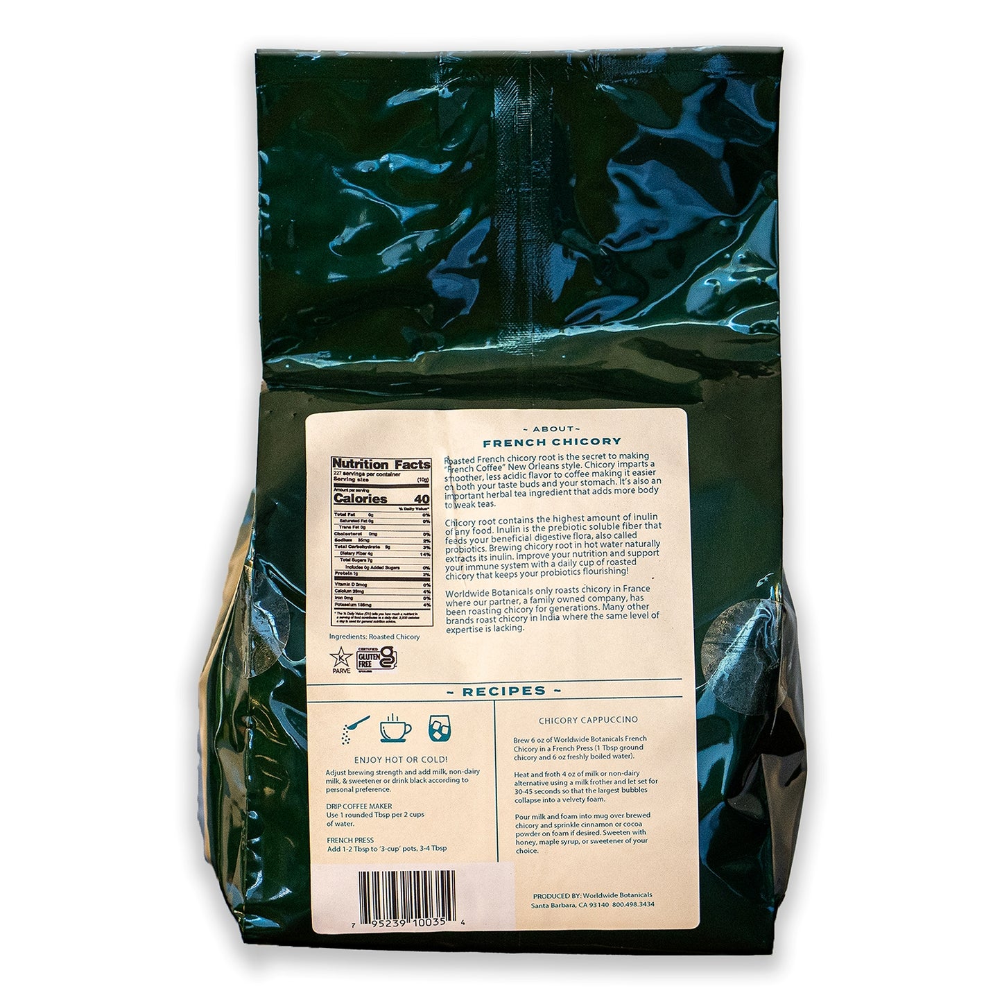 A dark green bag with a light tan back label with nutrition facts, information about Teeccino French chicory, recipes, and instructions, filled with five pounds of ground French chicory roots.