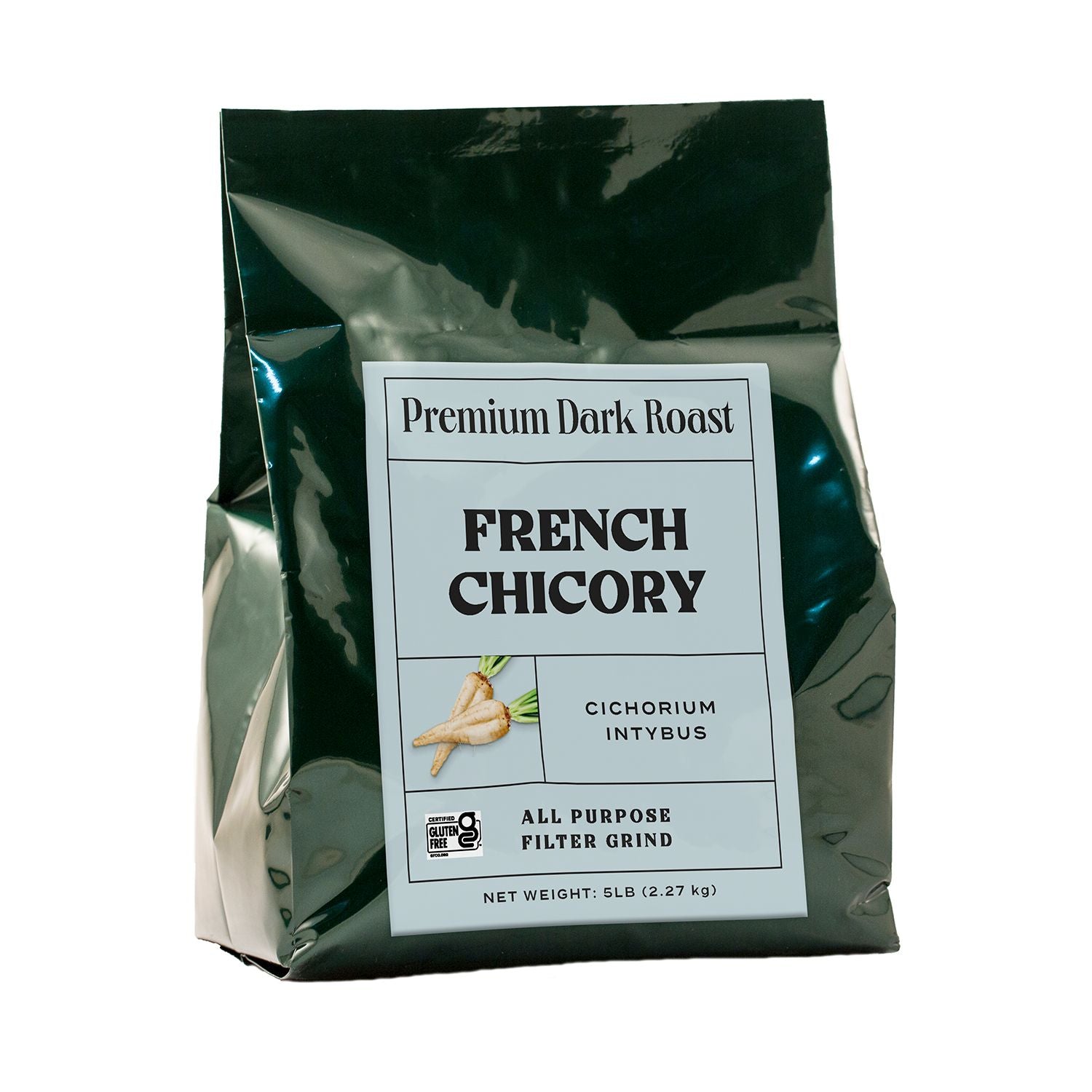 A dark green bag with a light blue front label with an image of a chicory root filled with five pounds of ground French chicory roots.