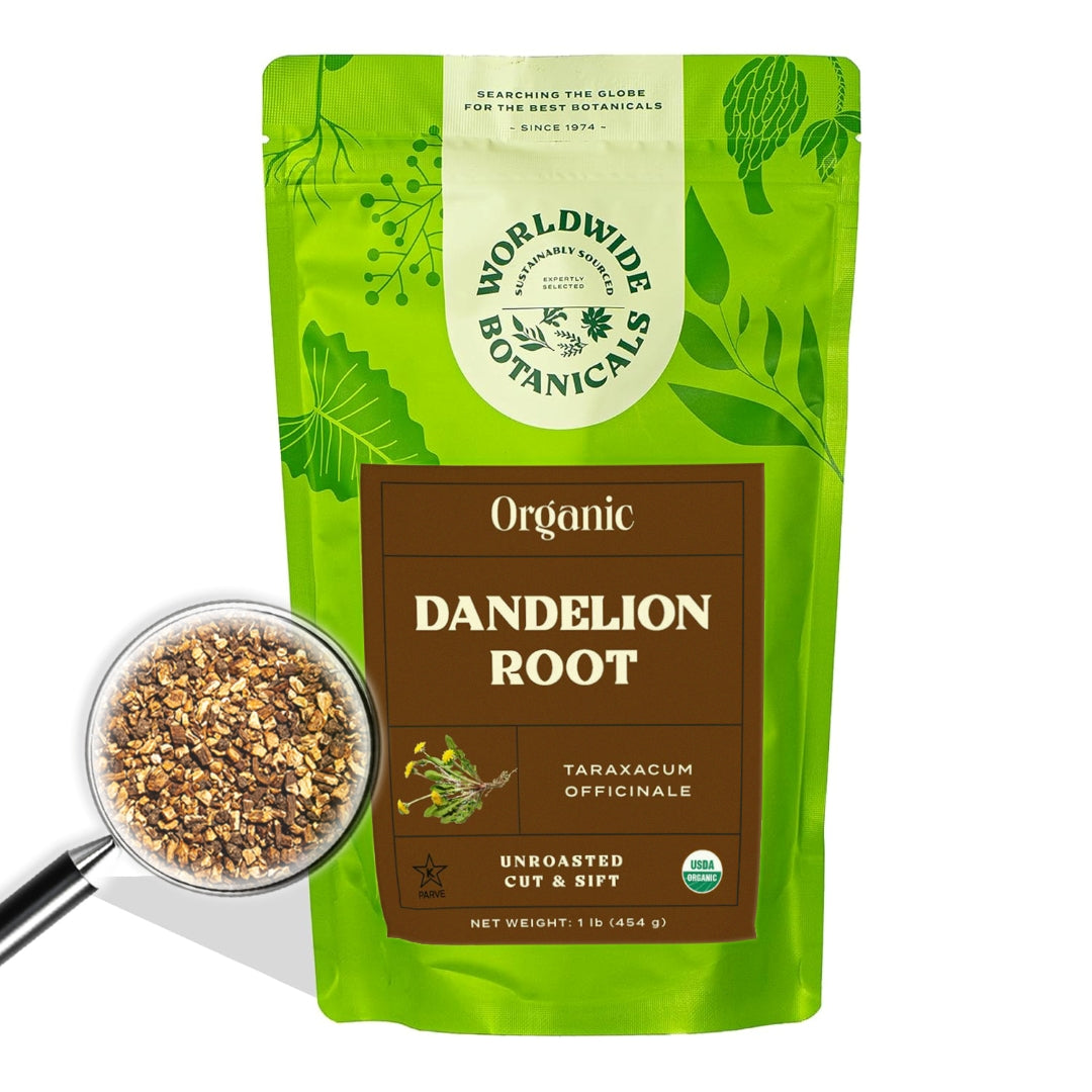 A lime green bag with darker green leaf images on it with a brown front label with an image of a dandelion root filled with one pound of raw, unroasted dandelion roots.