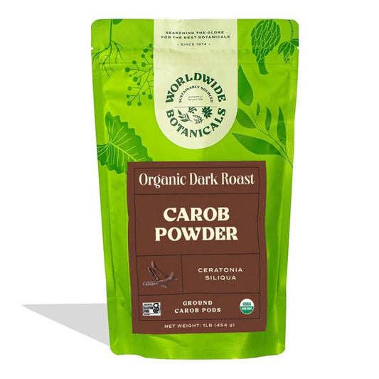 Front label of lime green bag filled with 1 pound gluten-free, organic dark roasted carob powder.