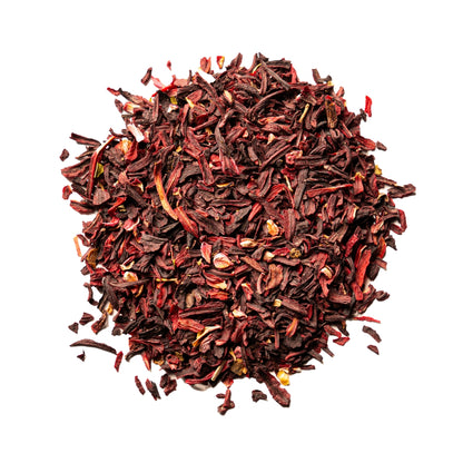 A close up view of a small pile of organic, coarse cut hibiscus.