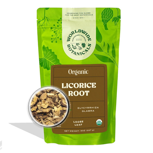 A lime-green bag filled with licorice root and a magnifying glass showing the cut root.