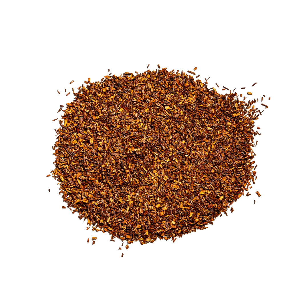 Close up of a small pile of organic loose leaf rooibos.